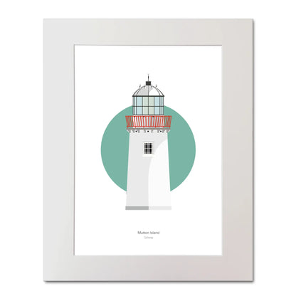 Illustration of Mutton Island lighthouse on a white background inside light blue square, mounted and measuring 40x50cm.