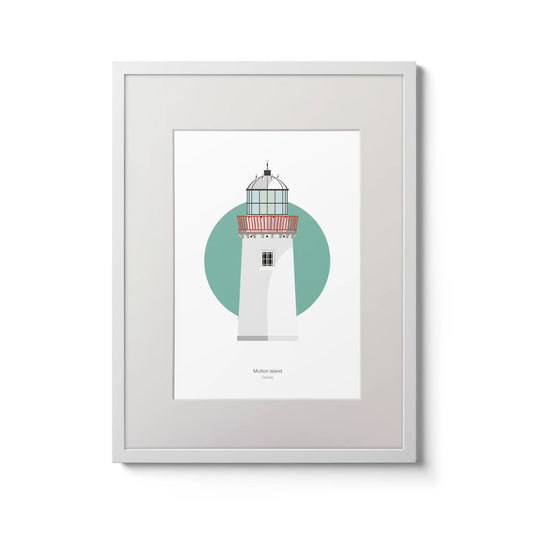 Illustration of Mutton Island lighthouse on a white background inside light blue square,  in a white frame measuring 30x40cm.