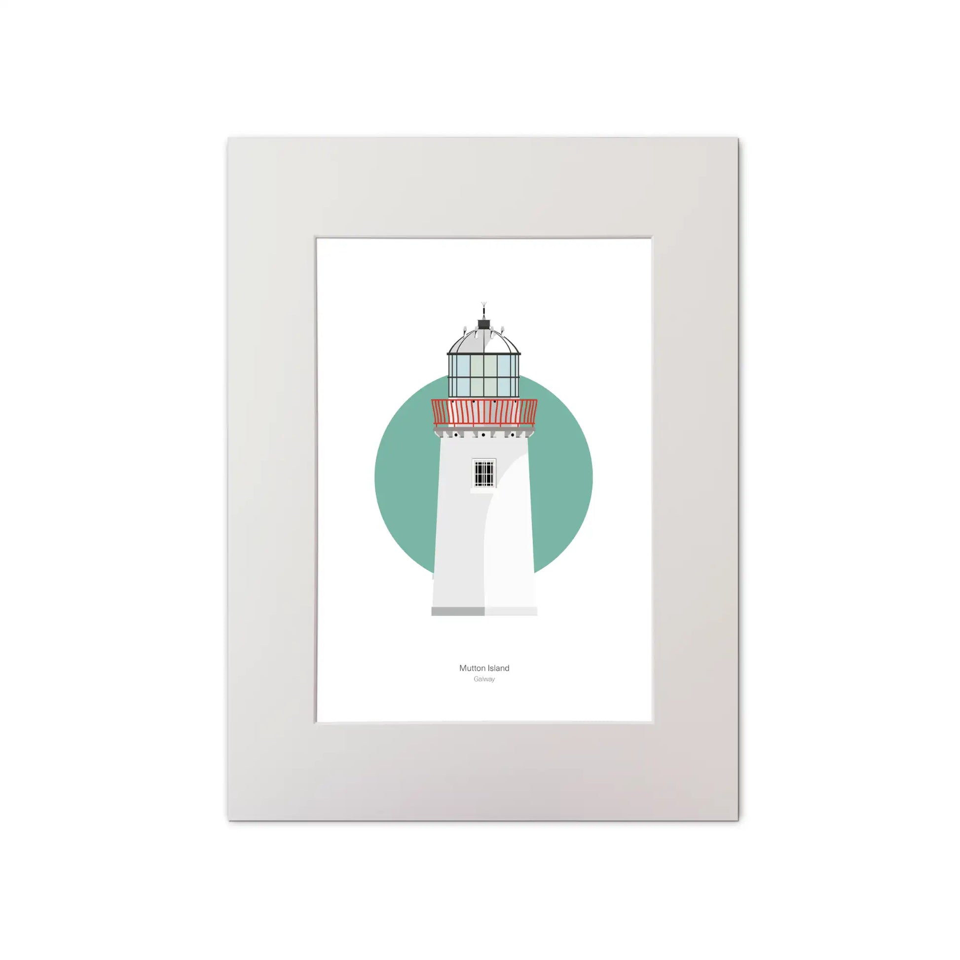Illustration of Mutton Island lighthouse on a white background inside light blue square, mounted and measuring 30x40cm.