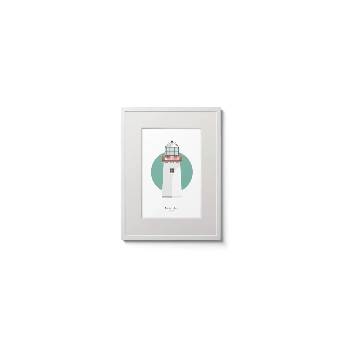 Illustration of Mutton Island lighthouse on a white background inside light blue square,  in a white frame measuring 15x20cm.