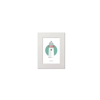 Illustration of Mutton Island lighthouse on a white background inside light blue square, mounted and measuring 15x20cm.