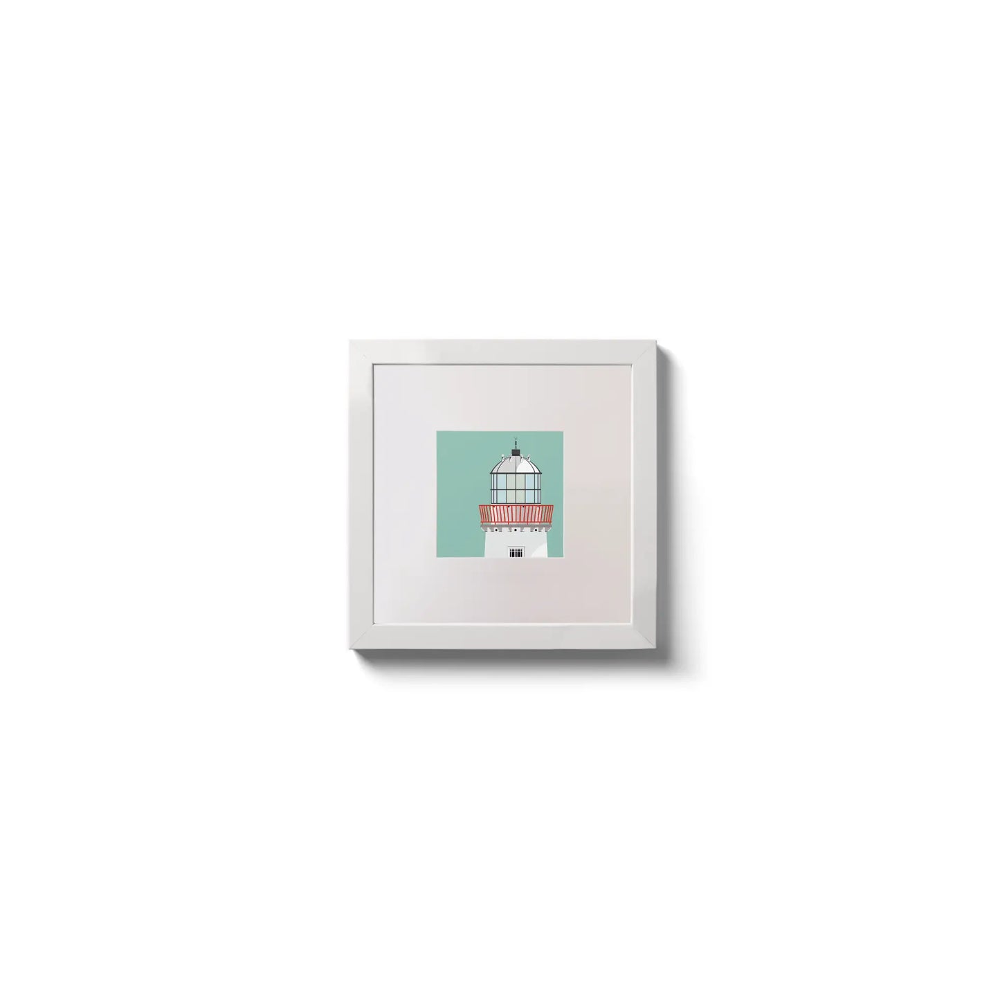 Illustration of Mutton Island lighthouse on an ocean green background,  in a white square frame measuring 10x10cm.