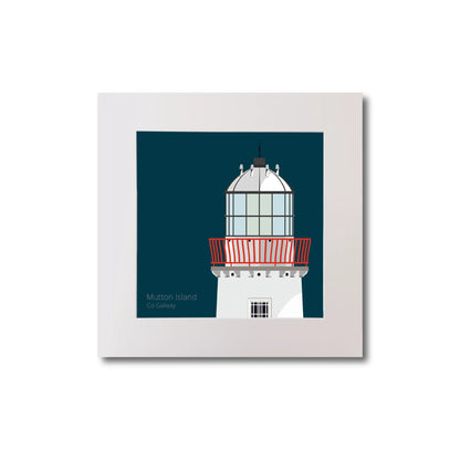Illustration of Mutton Island lighthouse on a midnight blue background, mounted and measuring 20x20cm.