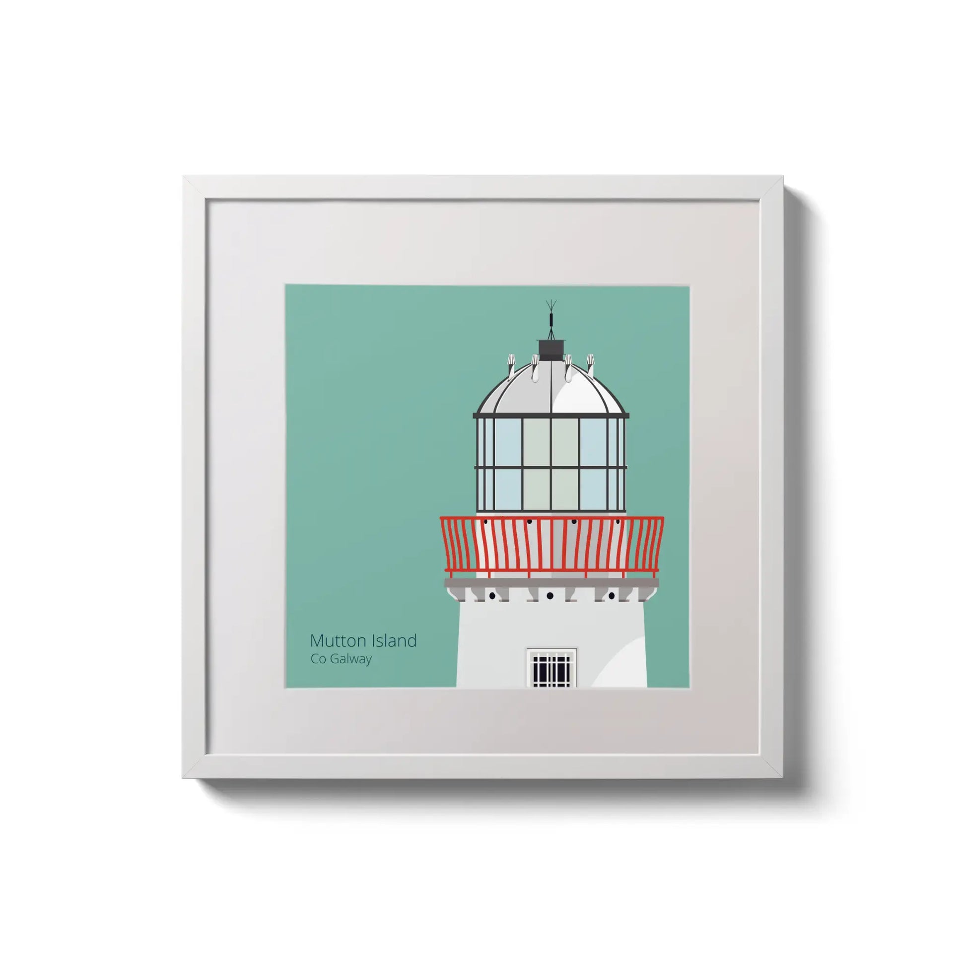 Illustration of Mutton Island lighthouse on an ocean green background,  in a white square frame measuring 20x20cm.