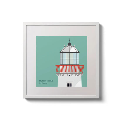 Illustration of Mutton Island lighthouse on an ocean green background,  in a white square frame measuring 20x20cm.