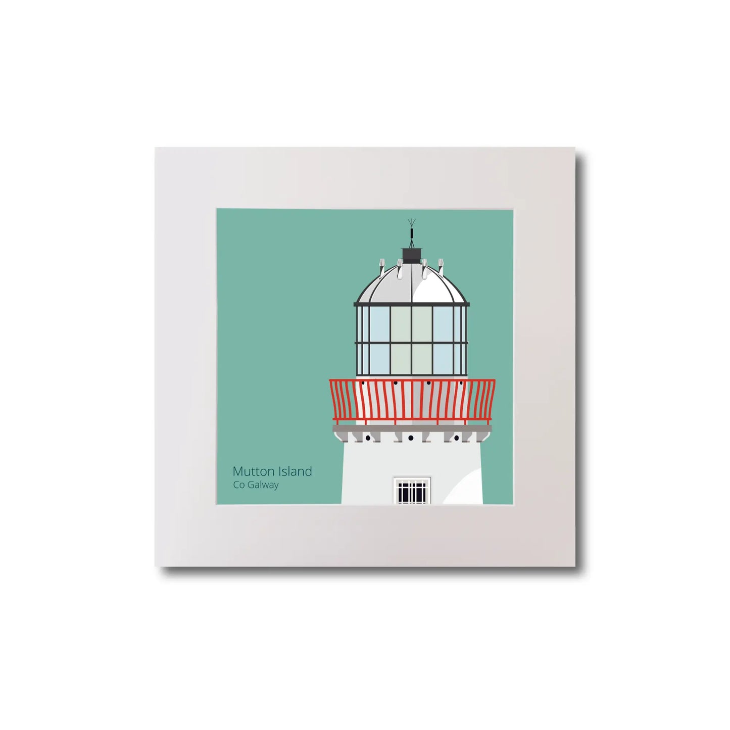 Illustration of Mutton Island lighthouse on an ocean green background, mounted and measuring 20x20cm.