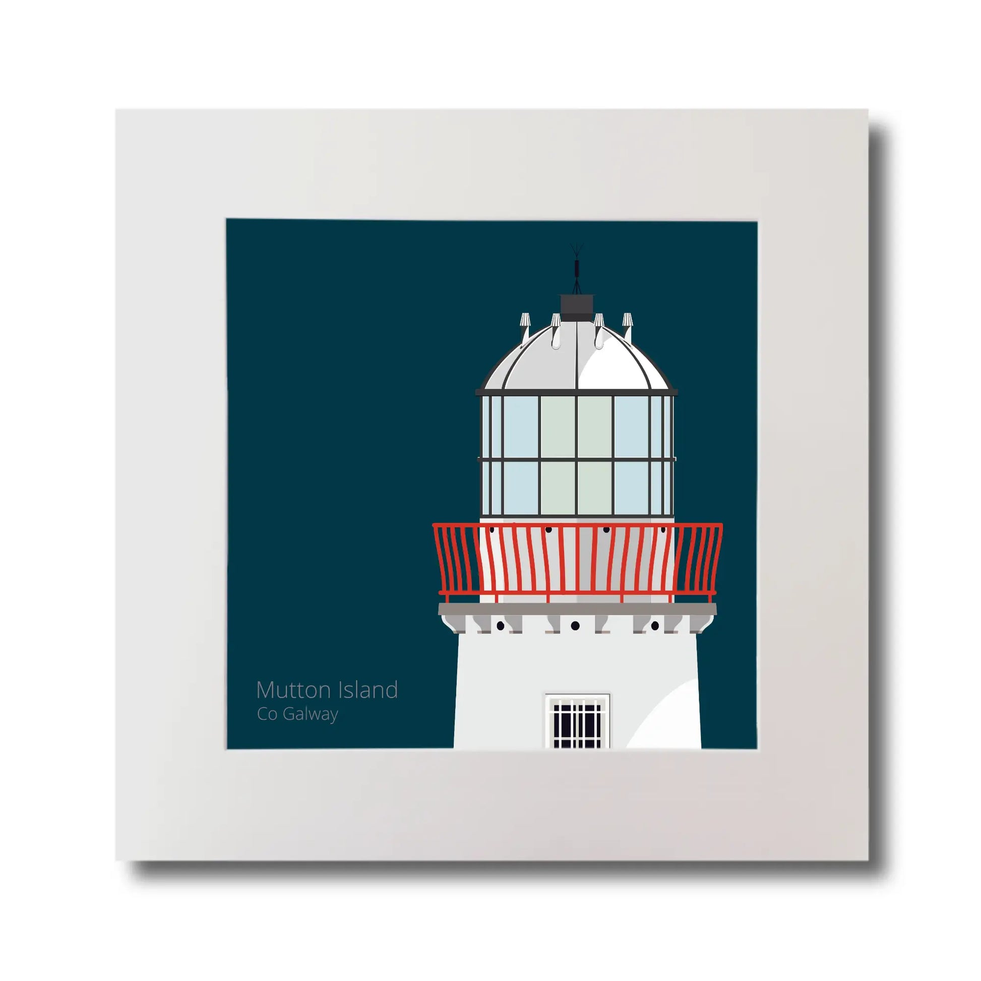 Illustration of Mutton Island lighthouse on a midnight blue background, mounted and measuring 30x30cm.