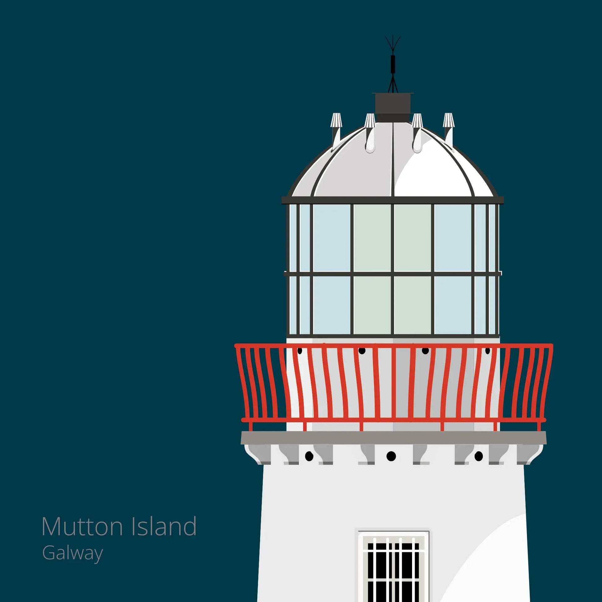 Illustration of Mutton Island lighthouse on a midnight blue background