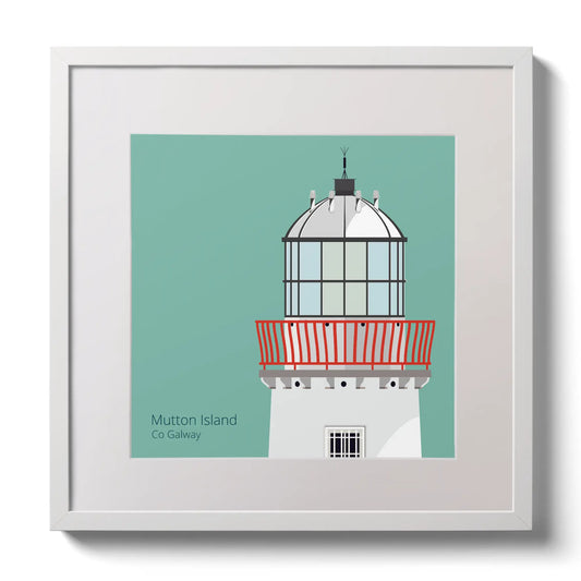 Illustration of Mutton Island lighthouse on an ocean green background,  in a white square frame measuring 30x30cm.
