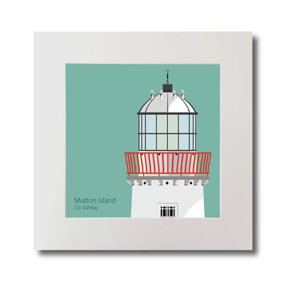 Illustration of Mutton Island lighthouse on an ocean green background, mounted and measuring 30x30cm.