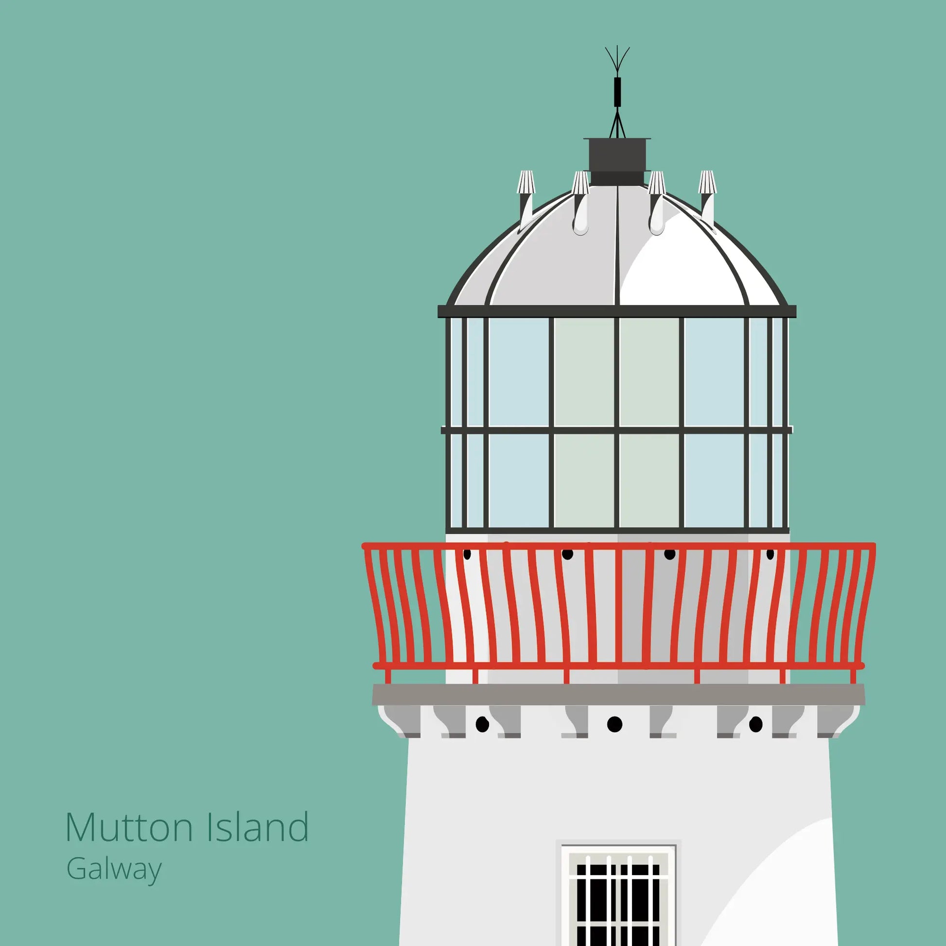 Illustration of Mutton Island lighthouse on an ocean green background