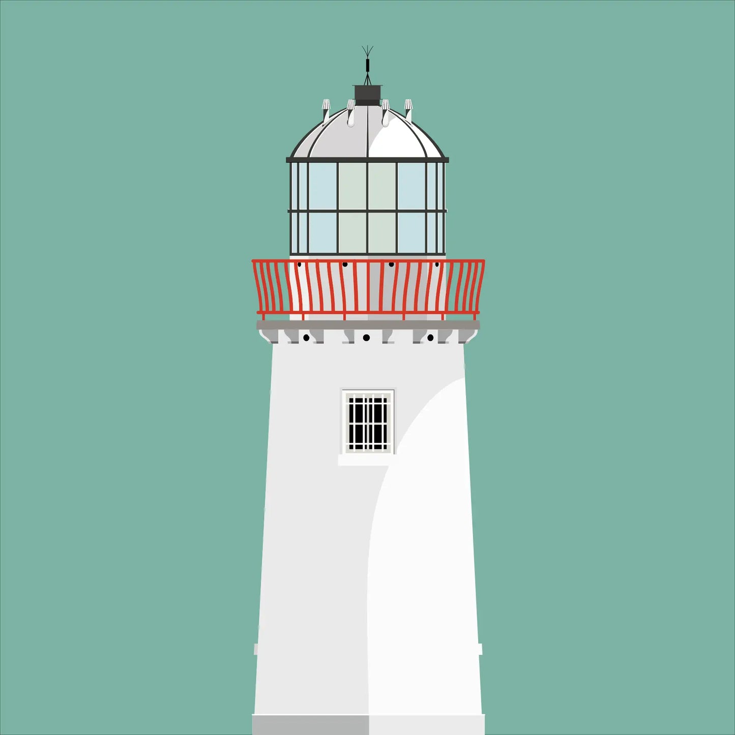 Illustration of Mutton Island lighthouse on a white background inside light blue square.