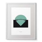 Illustration of Mizen Head lighthouse on a white background inside light blue square,  in a white frame measuring 40x50cm.