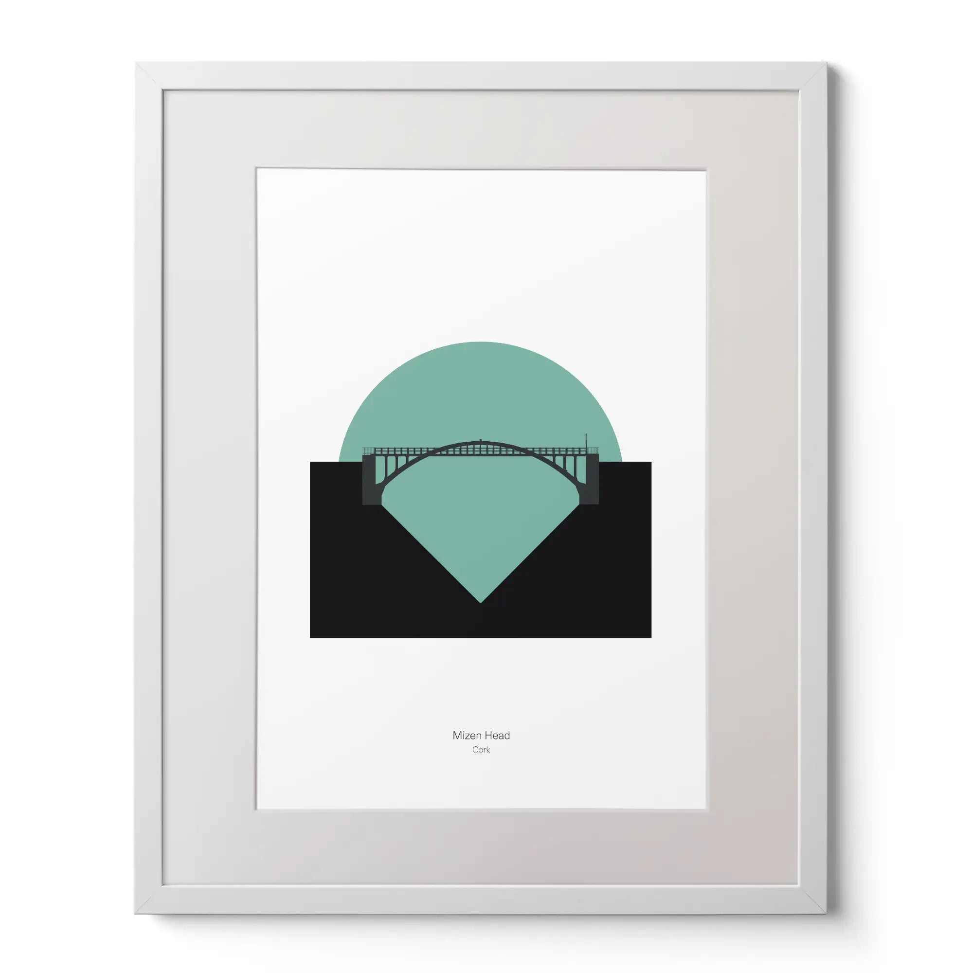 Illustration of Mizen Head lighthouse on a white background inside light blue square,  in a white frame measuring 40x50cm.