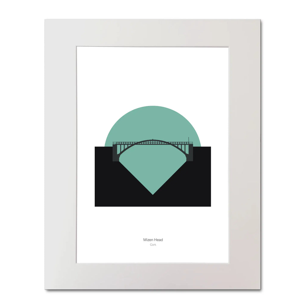 Illustration of Mizen Head lighthouse on a white background inside light blue square, mounted and measuring 40x50cm.