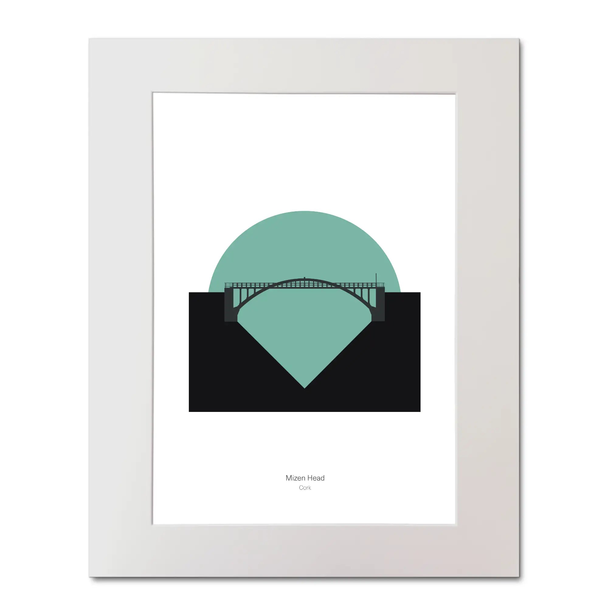 Illustration of Mizen Head lighthouse on a white background inside light blue square, mounted and measuring 40x50cm.
