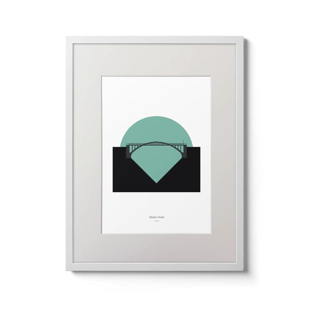 Illustration of Mizen Head lighthouse on a white background inside light blue square,  in a white frame measuring 30x40cm.