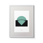 Illustration of Mizen Head lighthouse on a white background inside light blue square,  in a white frame measuring 30x40cm.