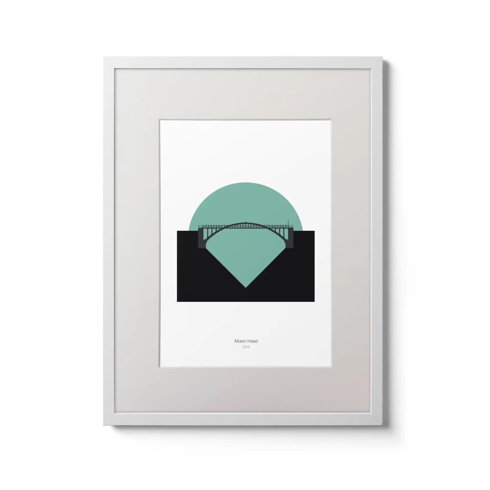 Illustration of Mizen Head lighthouse on a white background inside light blue square,  in a white frame measuring 30x40cm.