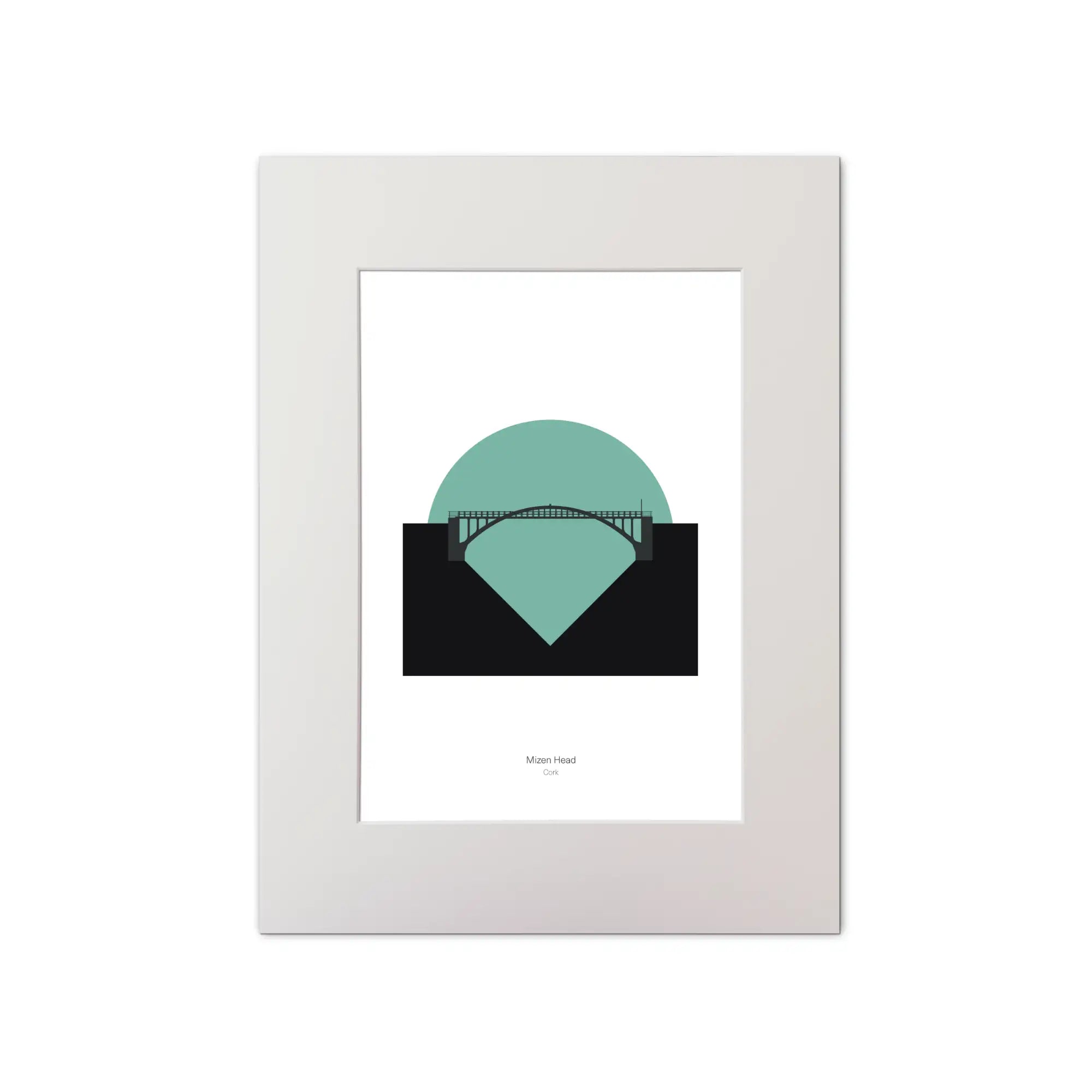 Illustration of Mizen Head lighthouse on a white background inside light blue square, mounted and measuring 30x40cm.