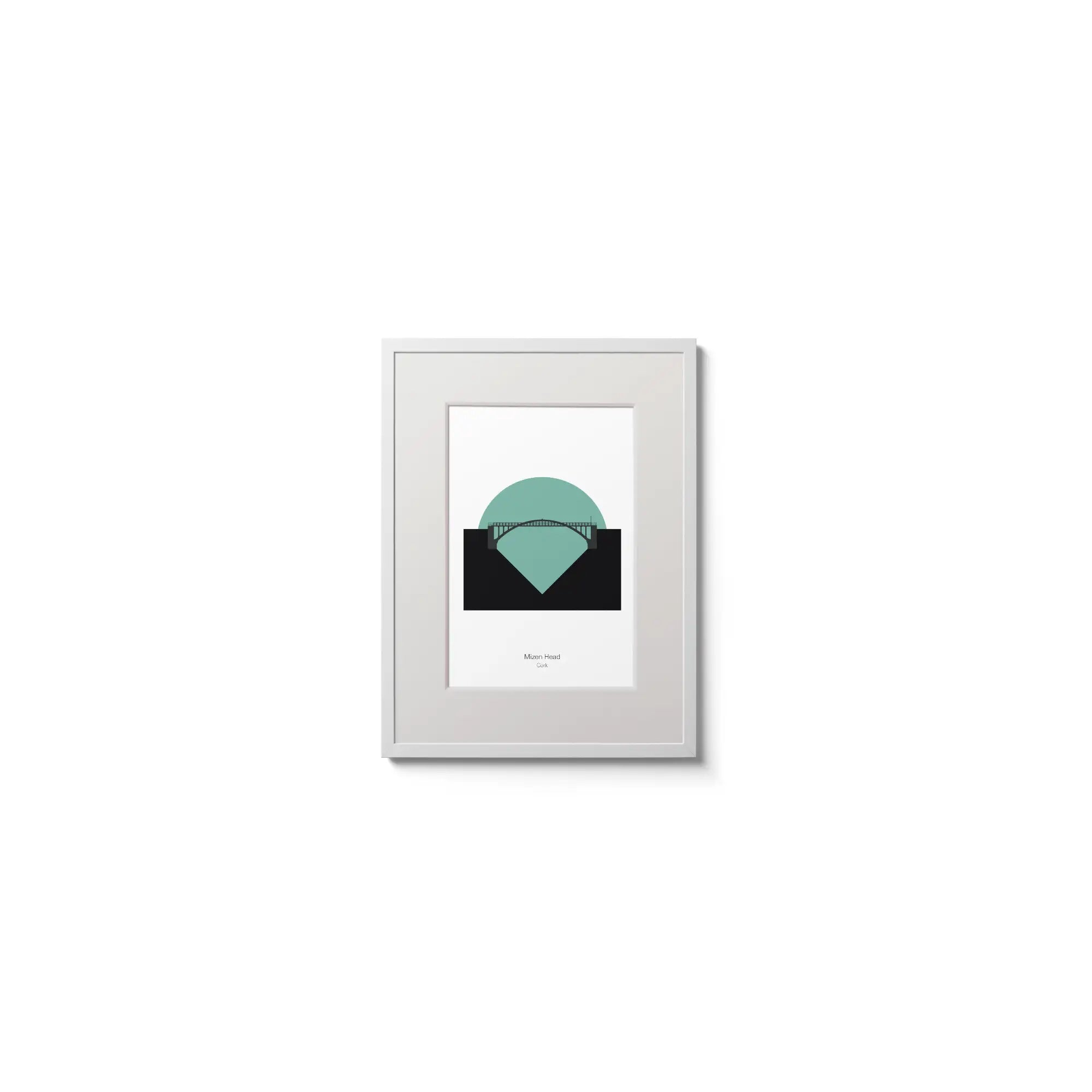 Illustration of Mizen Head lighthouse on a white background inside light blue square,  in a white frame measuring 15x20cm.