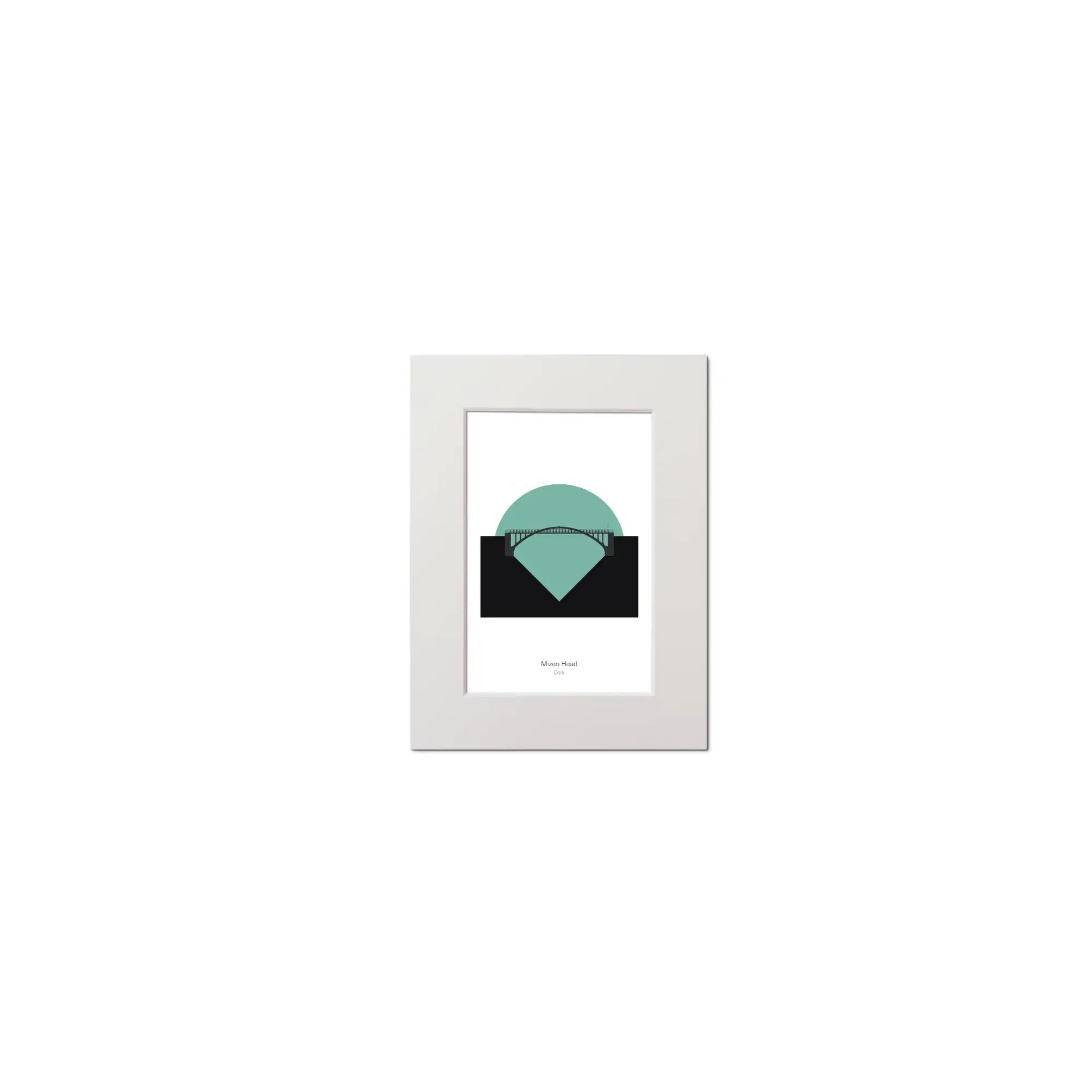 Illustration of Mizen Head lighthouse on a white background inside light blue square, mounted and measuring 15x20cm.