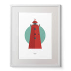 Illustration of Poolbeg lighthouse on a white background inside light blue square,  in a white frame measuring 40x50cm.