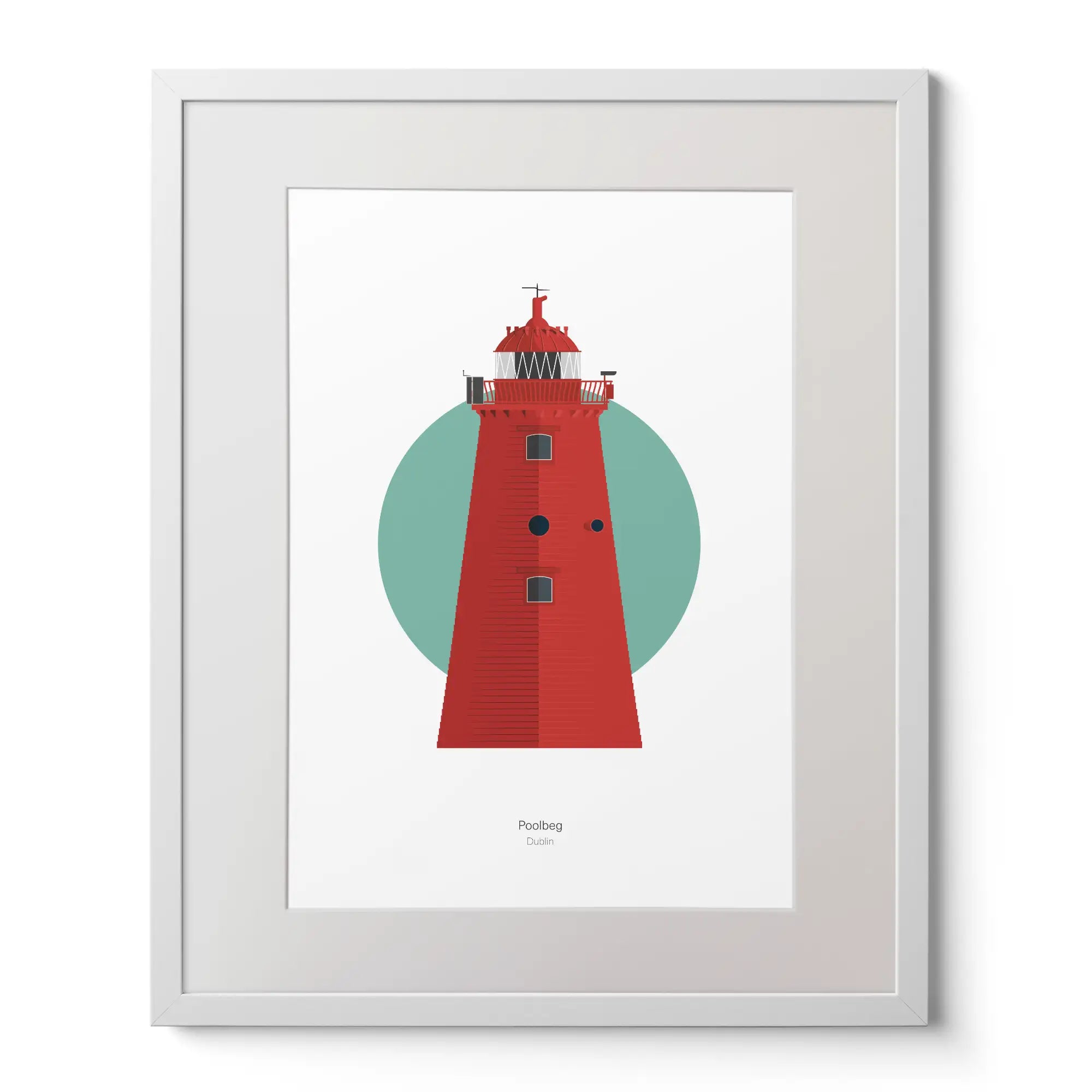 Illustration of Poolbeg lighthouse on a white background inside light blue square,  in a white frame measuring 40x50cm.