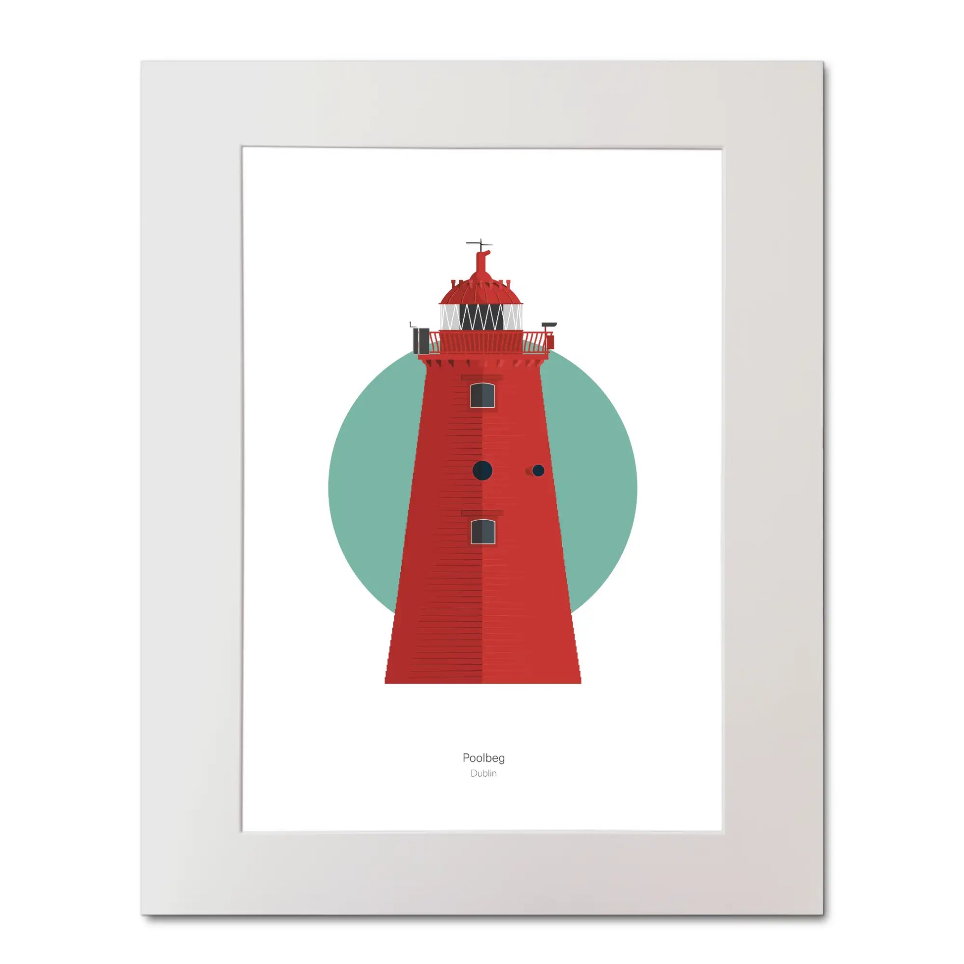 Illustration of Poolbeg lighthouse on a white background inside light blue square, mounted and measuring 40x50cm.