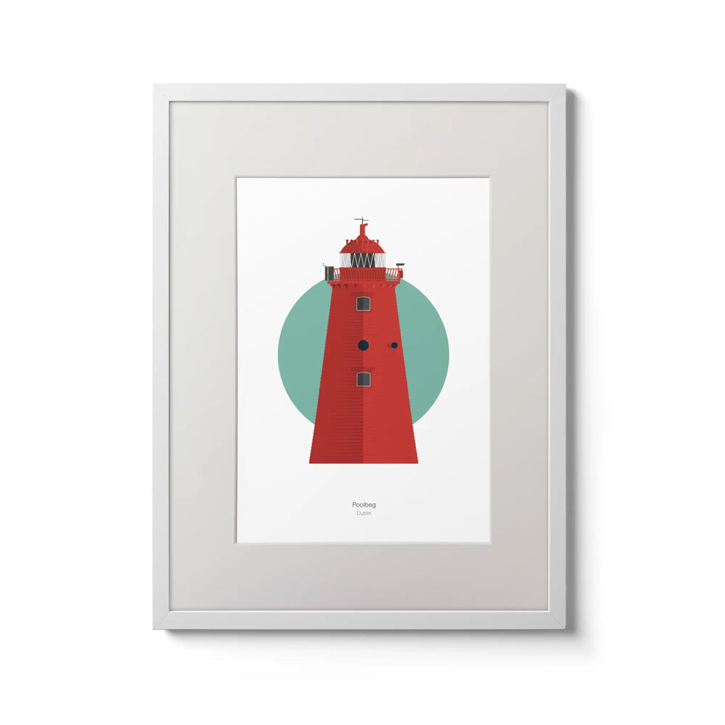 Illustration of Poolbeg lighthouse on a white background inside light blue square,  in a white frame measuring 30x40cm.