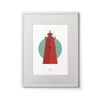Illustration of Poolbeg lighthouse on a white background inside light blue square,  in a white frame measuring 30x40cm.