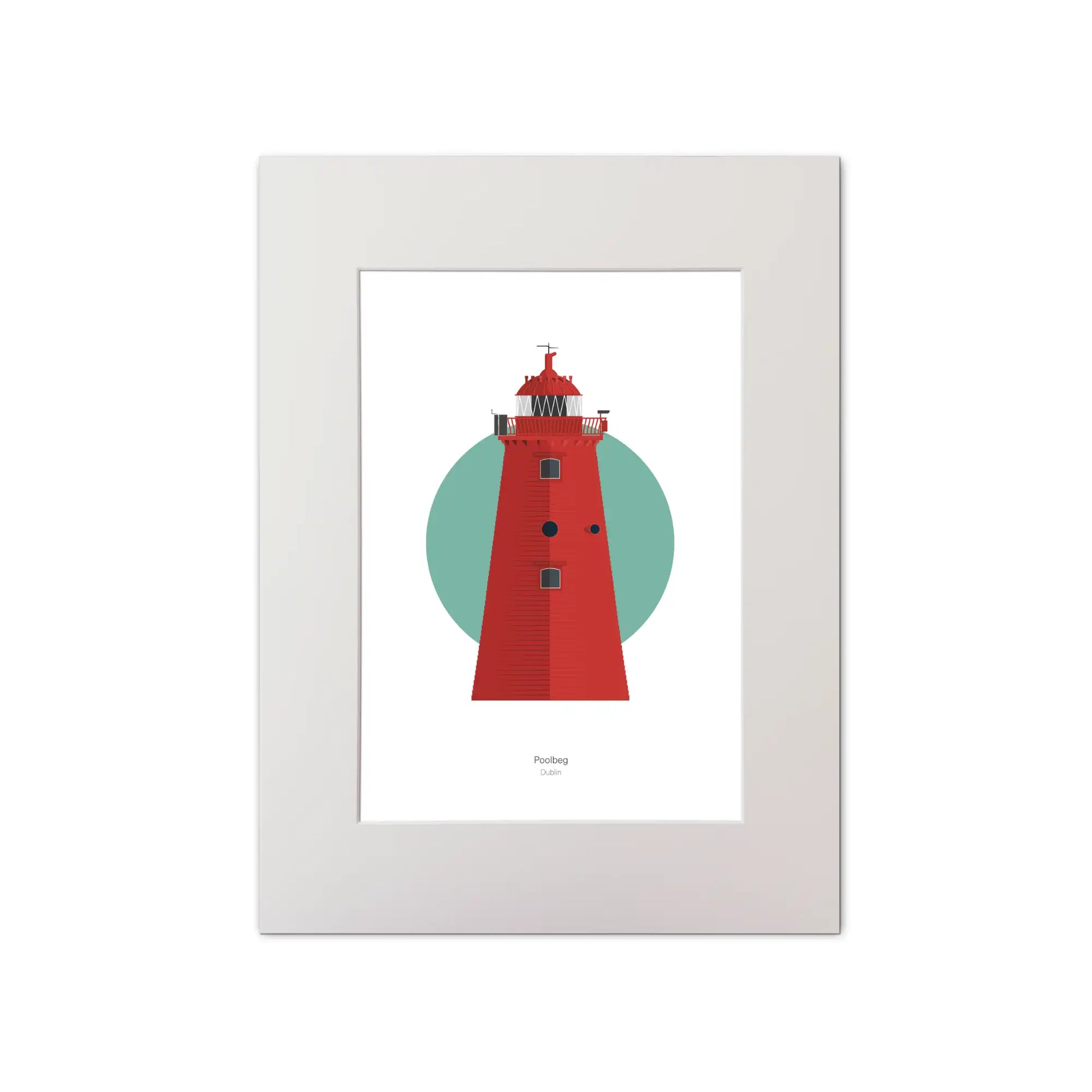 Illustration of Poolbeg lighthouse on a white background inside light blue square, mounted and measuring 30x40cm.