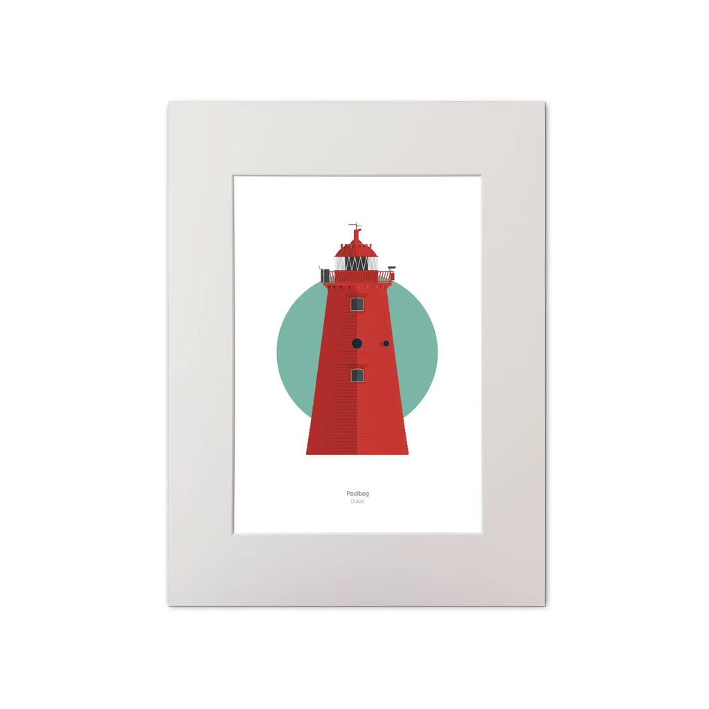 Illustration of Poolbeg lighthouse on a white background inside light blue square, mounted and measuring 30x40cm.