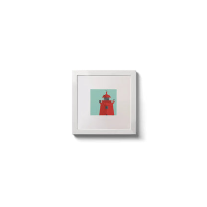 Illustration of Poolbeg lighthouse on an ocean green background,  in a white square frame measuring 10x10cm.