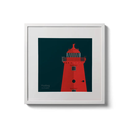Illustration of Poolbeg lighthouse on a midnight blue background,  in a white square frame measuring 20x20cm.