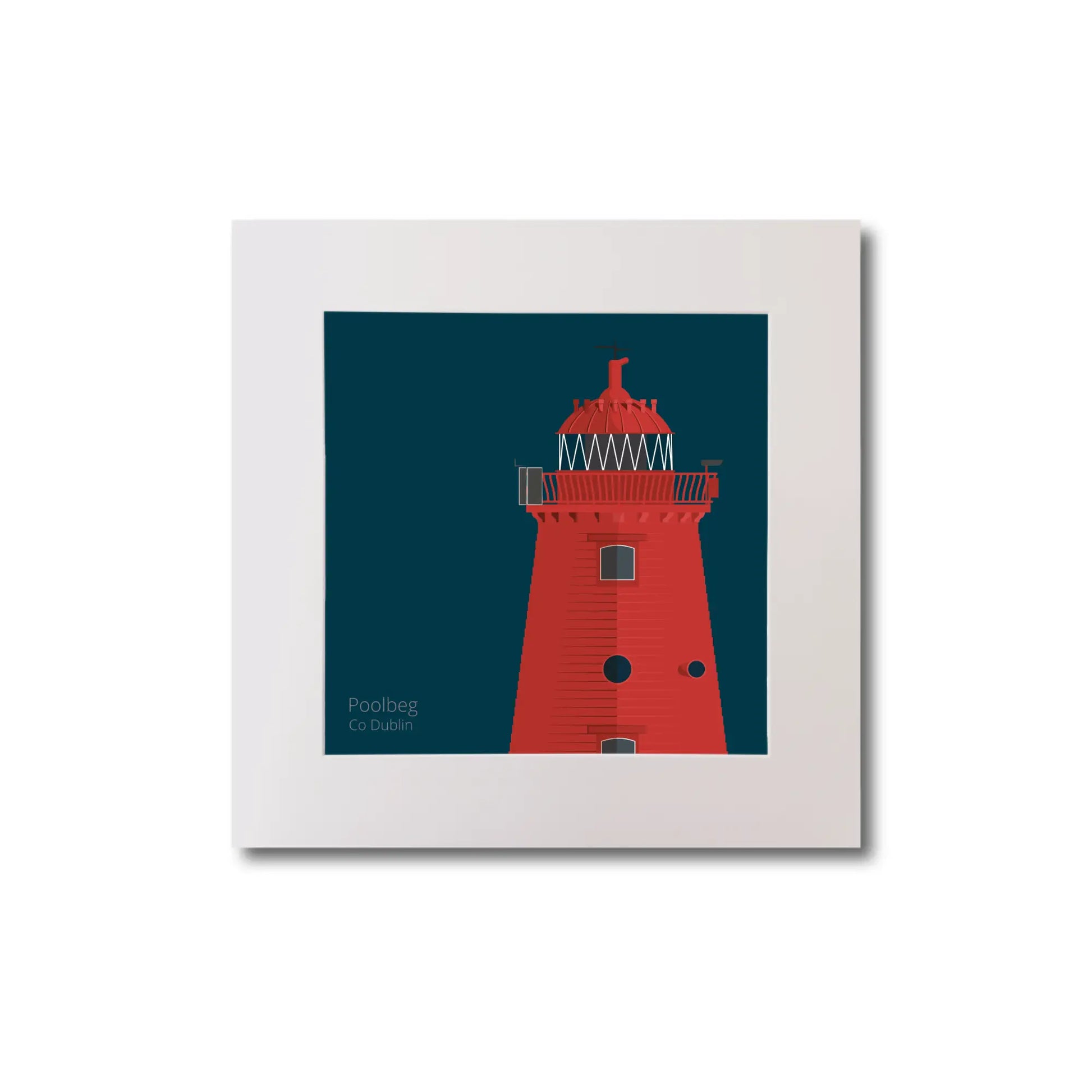 Illustration of Poolbeg lighthouse on a midnight blue background, mounted and measuring 20x20cm.