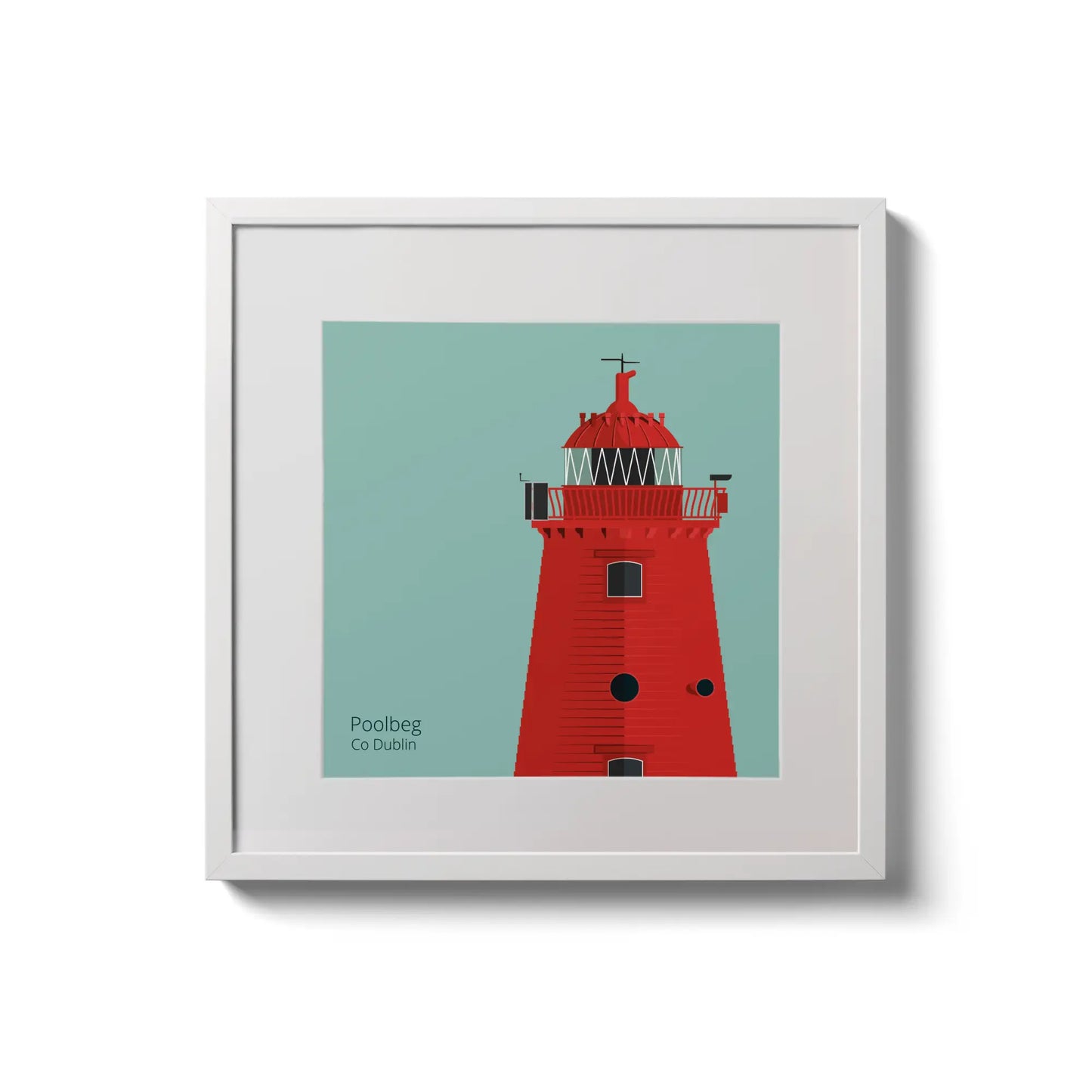 Illustration of Poolbeg lighthouse on an ocean green background,  in a white square frame measuring 20x20cm.
