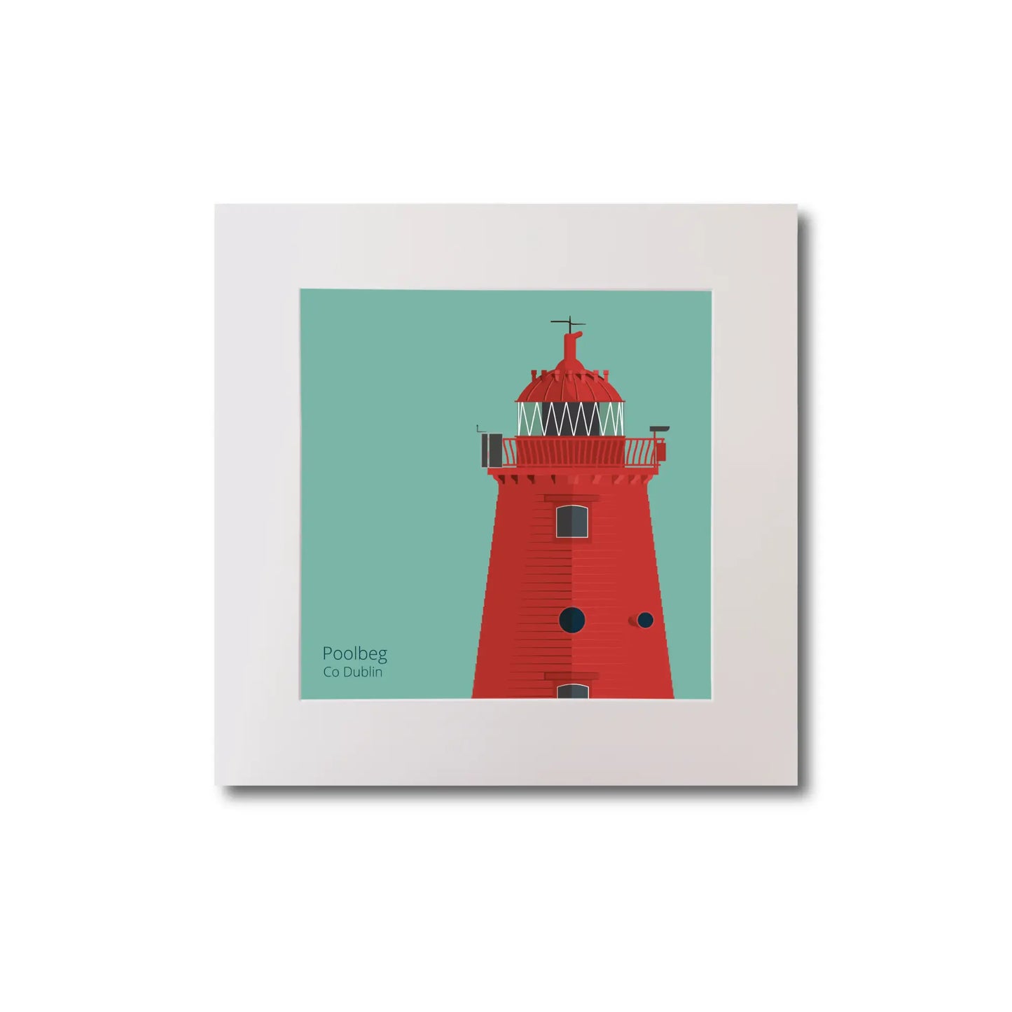 Illustration of Poolbeg lighthouse on an ocean green background, mounted and measuring 20x20cm.