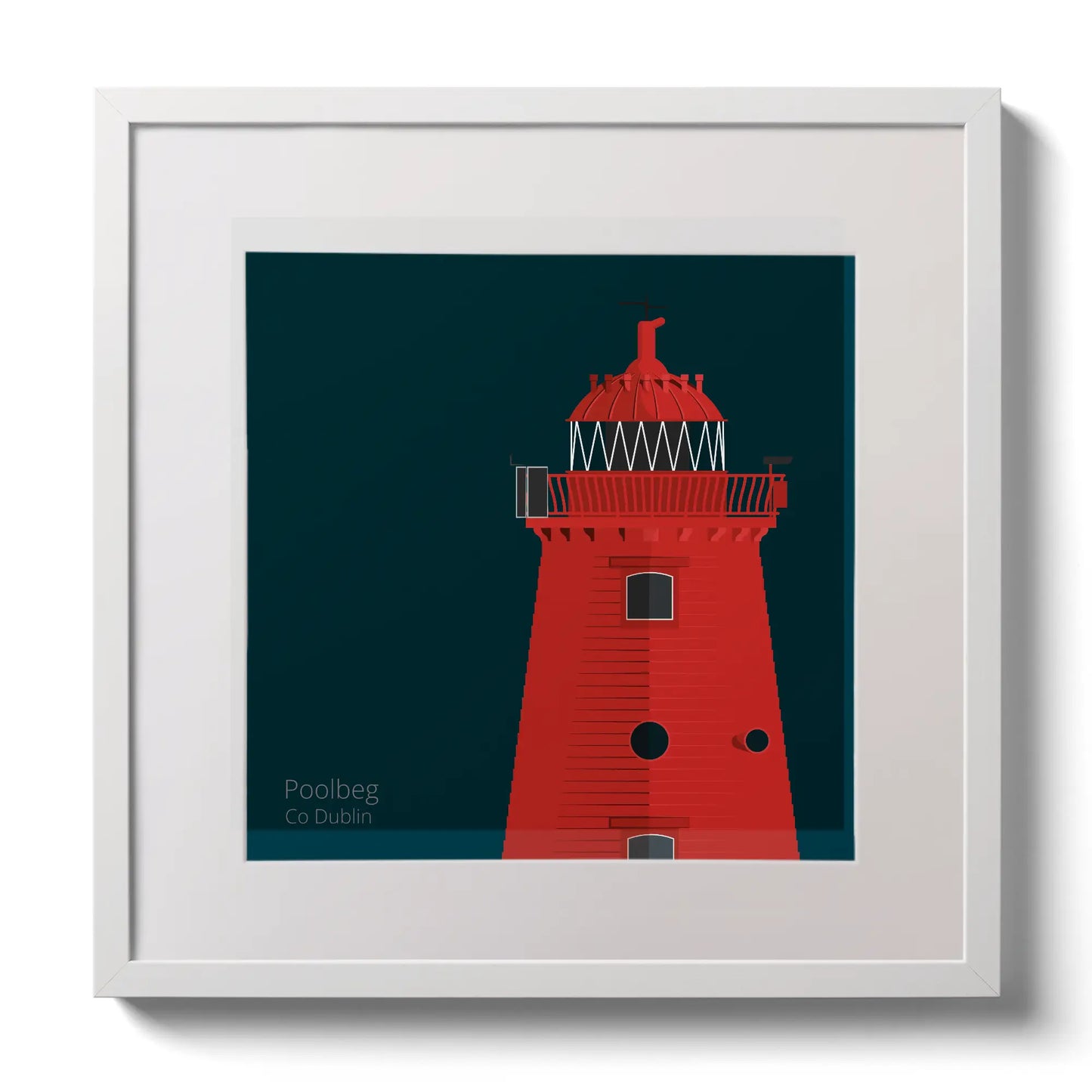 Illustration of Poolbeg lighthouse on a midnight blue background,  in a white square frame measuring 30x30cm.
