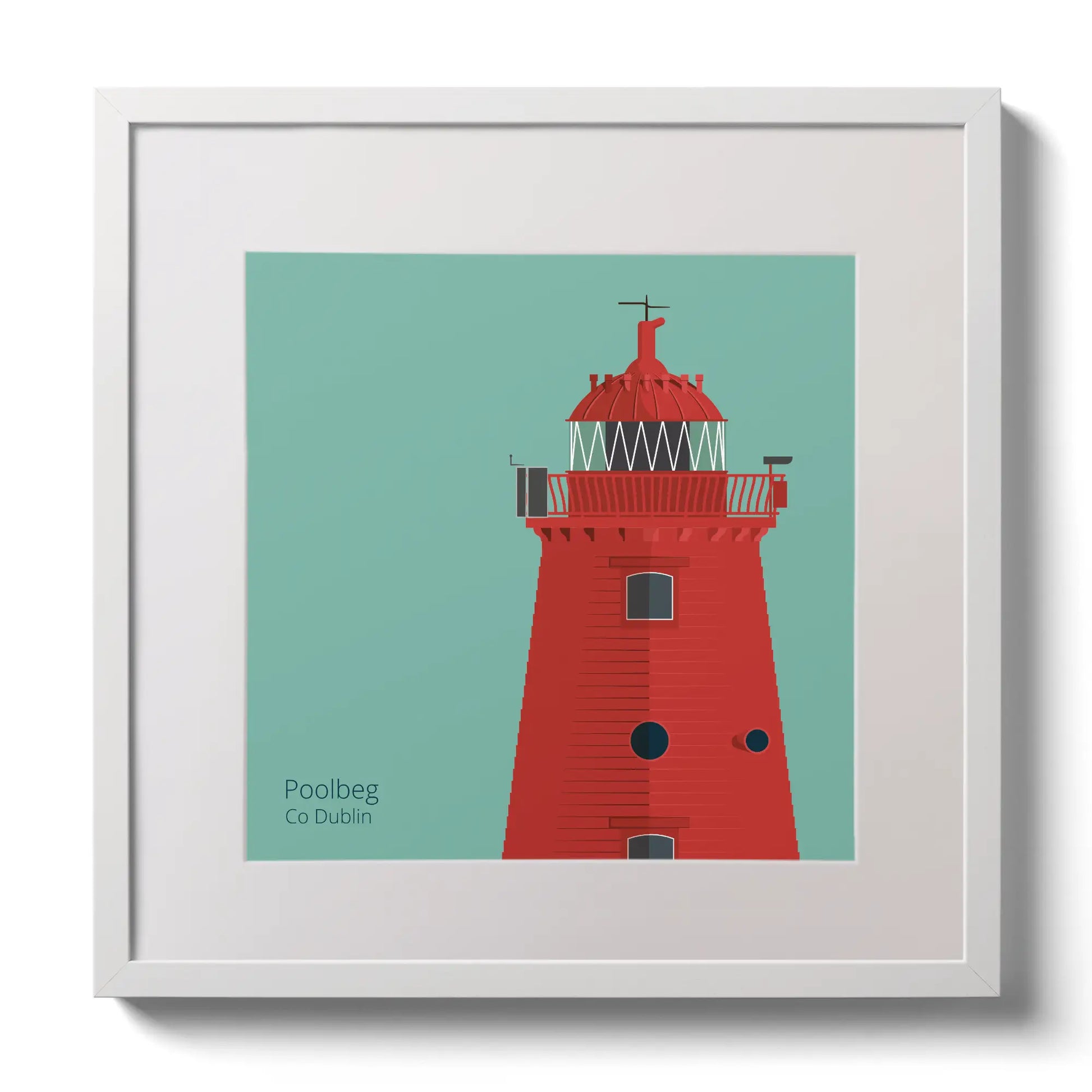 Illustration of Poolbeg lighthouse on an ocean green background,  in a white square frame measuring 30x30cm.