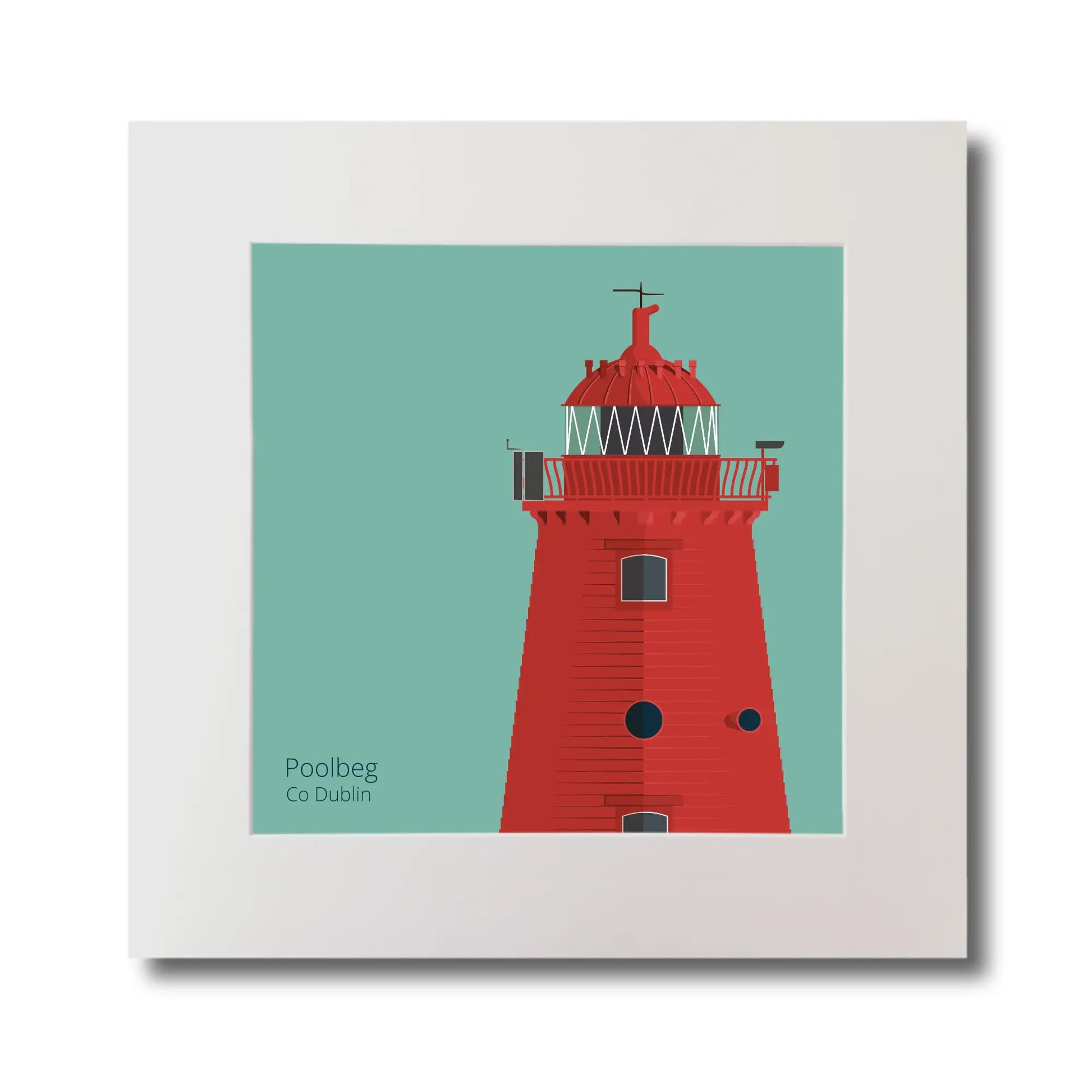 Illustration of Poolbeg lighthouse on a ocean green background, mounted and measuring 30x30cm.