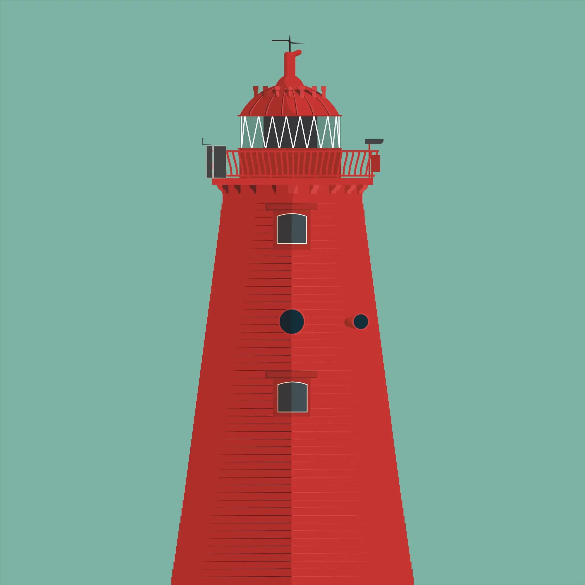 Illustration of Poolbeg lighthouse on a white background inside light blue square