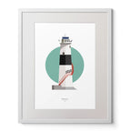 Illustration of Blackrock lighthouse on a white background inside light blue square,  in a white frame measuring 40x50cm.