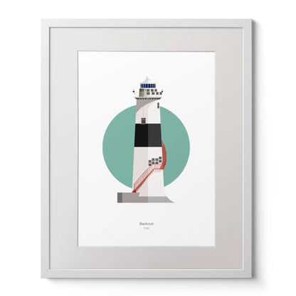 Illustration of Blackrock lighthouse on a white background inside light blue square,  in a white frame measuring 40x50cm.