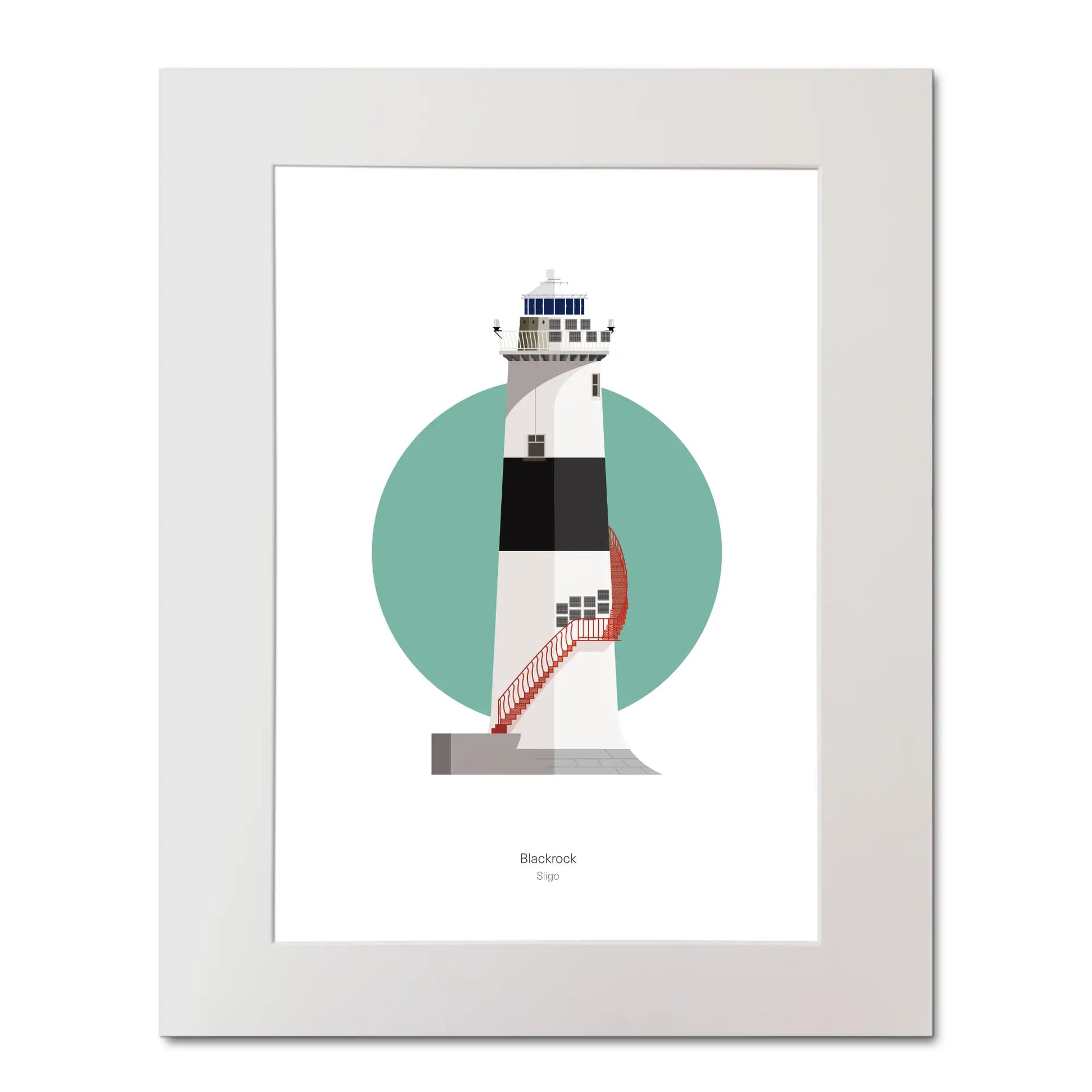 Illustration of Blackrock lighthouse on a white background inside light blue square, mounted and measuring 40x50cm.