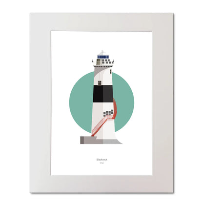 Illustration of Blackrock lighthouse on a white background inside light blue square, mounted and measuring 40x50cm.