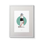 Illustration of Blackrock lighthouse on a white background inside light blue square,  in a white frame measuring 30x40cm.