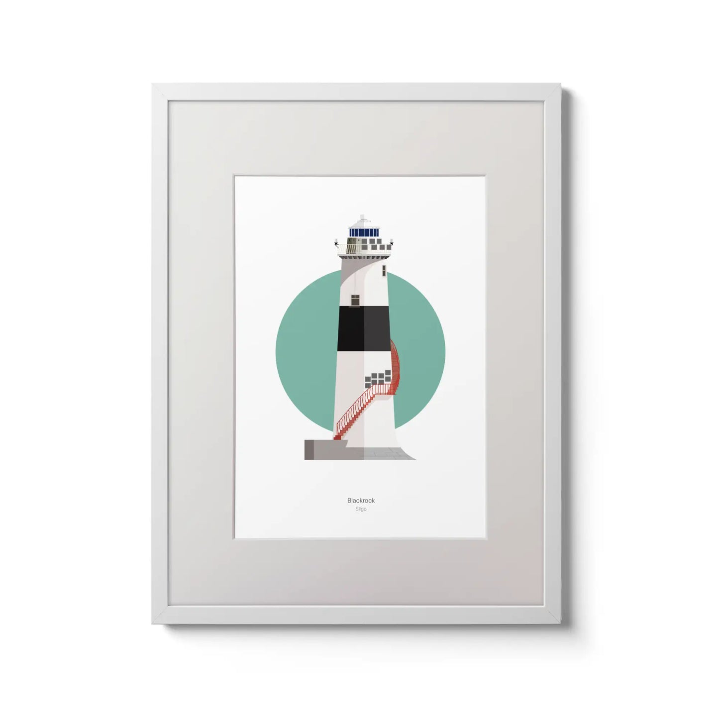 Illustration of Blackrock lighthouse on a white background inside light blue square,  in a white frame measuring 30x40cm.