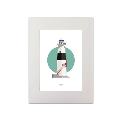 Illustration of Blackrock lighthouse on a white background inside light blue square, mounted and measuring 30x40cm.