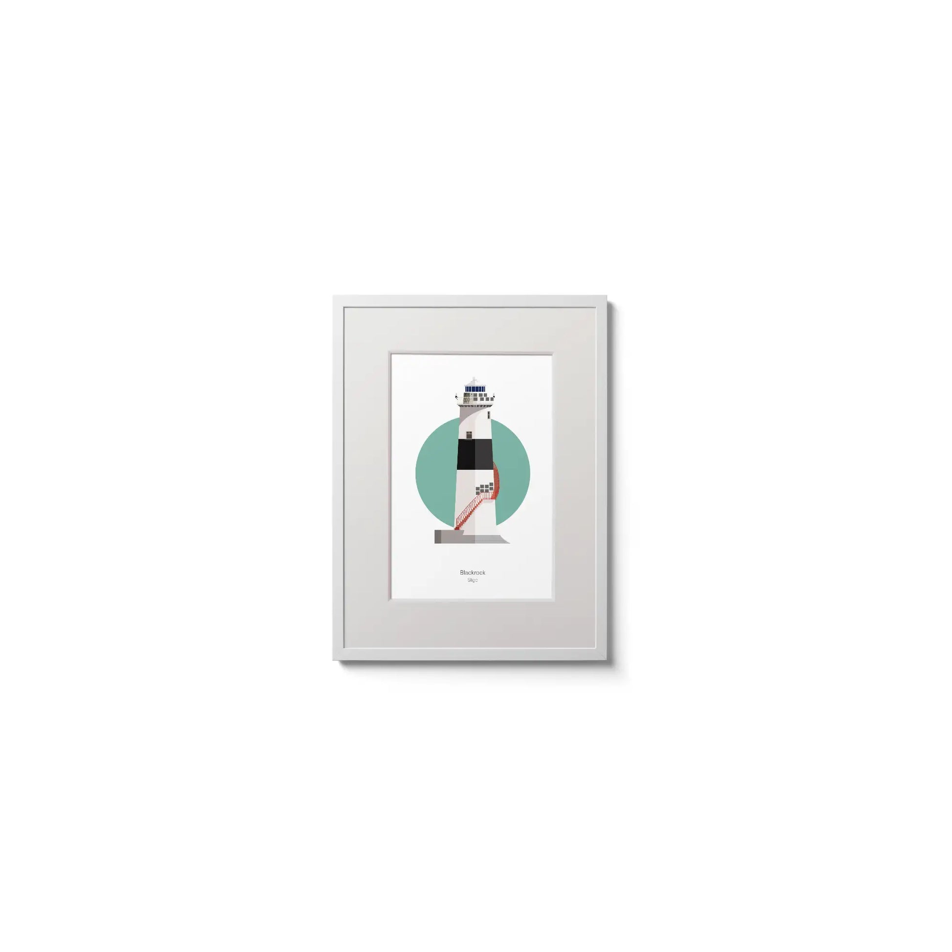 Illustration of Blackrock lighthouse on a white background inside light blue square,  in a white frame measuring 15x20cm.